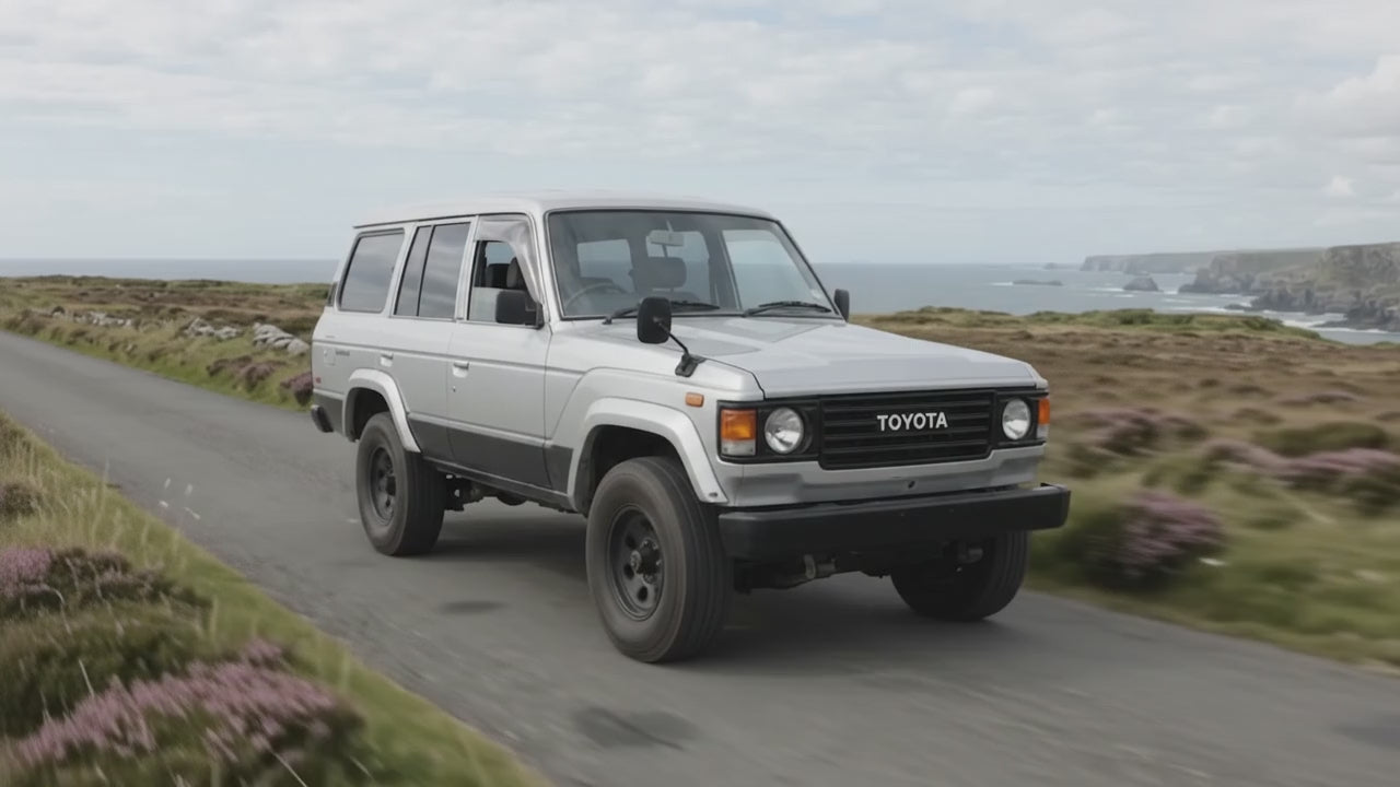 1986 Toyota Land Cruiser HJ60 driving on a coastal road